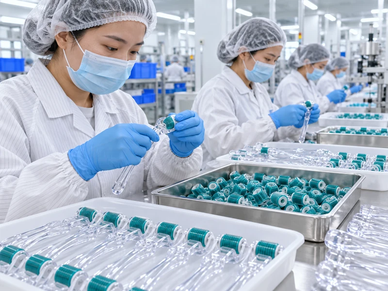 Microneedle product assembly step (illustrative production-style image)